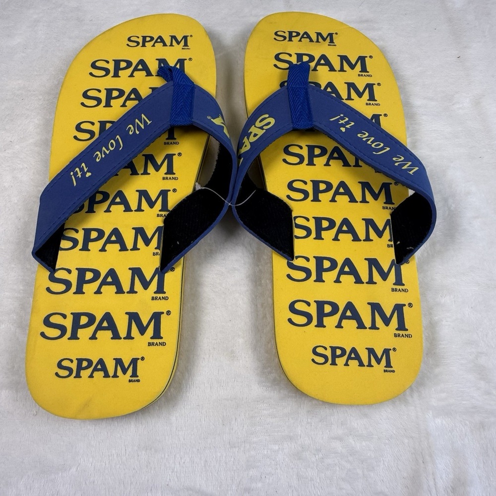 SPAM Brand Flip Flops Sandals Yellow Blue We Love It Novelty Medium 11”